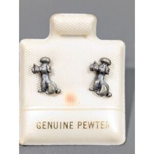 Vintage Genuine Pewter Puppy Dog Poodle Pierced Earrings Silver Tone Tiny Cute